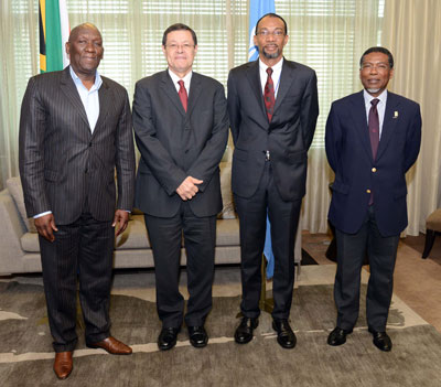 South Africa welcomes World Food Programme’s Regional Director Deputy Minister Bheki Cele of the Department of Agriculture, Forestry and Fisheries (DAFF); Deputy Minister Luwellyn Landers of the Department of International Relations and Cooperation (DIRCO); Mr Christopher Nikoi, the World Food Programme's (WFP) Regional Director for Southern Africa and Ambassador NKM Seleka, Director: Humanitarian Affairs at DIRCO pictured during the handing over of credentials by Mr Nikoi
